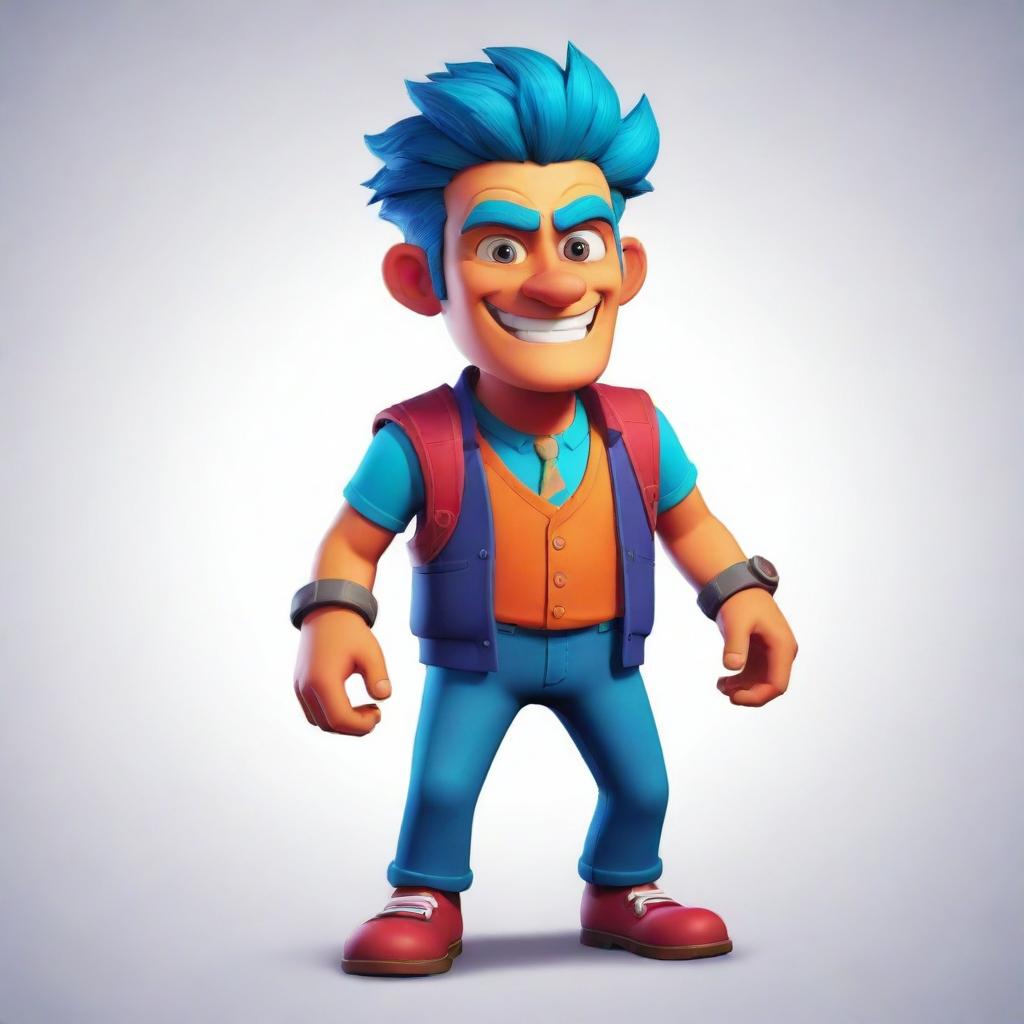 A vibrant 2D character for a video game, filled with unique details and a balanced mixture of comical and serious attributes to make it compelling for players.