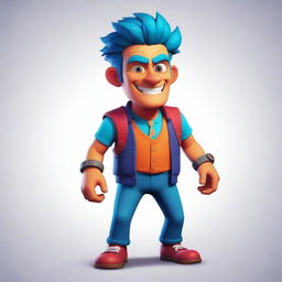 A vibrant 2D character for a video game, filled with unique details and a balanced mixture of comical and serious attributes to make it compelling for players.