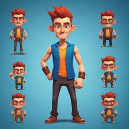 A vibrant 2D character for a video game, filled with unique details and a balanced mixture of comical and serious attributes to make it compelling for players.