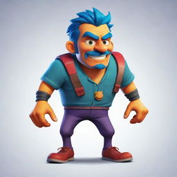 A vibrant 2D character for a video game, filled with unique details and a balanced mixture of comical and serious attributes to make it compelling for players.