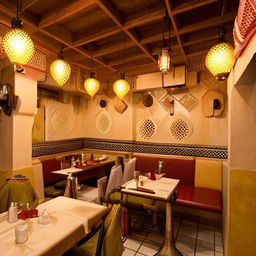 Design a 1600 sq ft budget-friendly Arabian Mandi eatery, with 30 percent of the area devoted to the kitchen. Incorporate traditional Middle Eastern architectural elements.