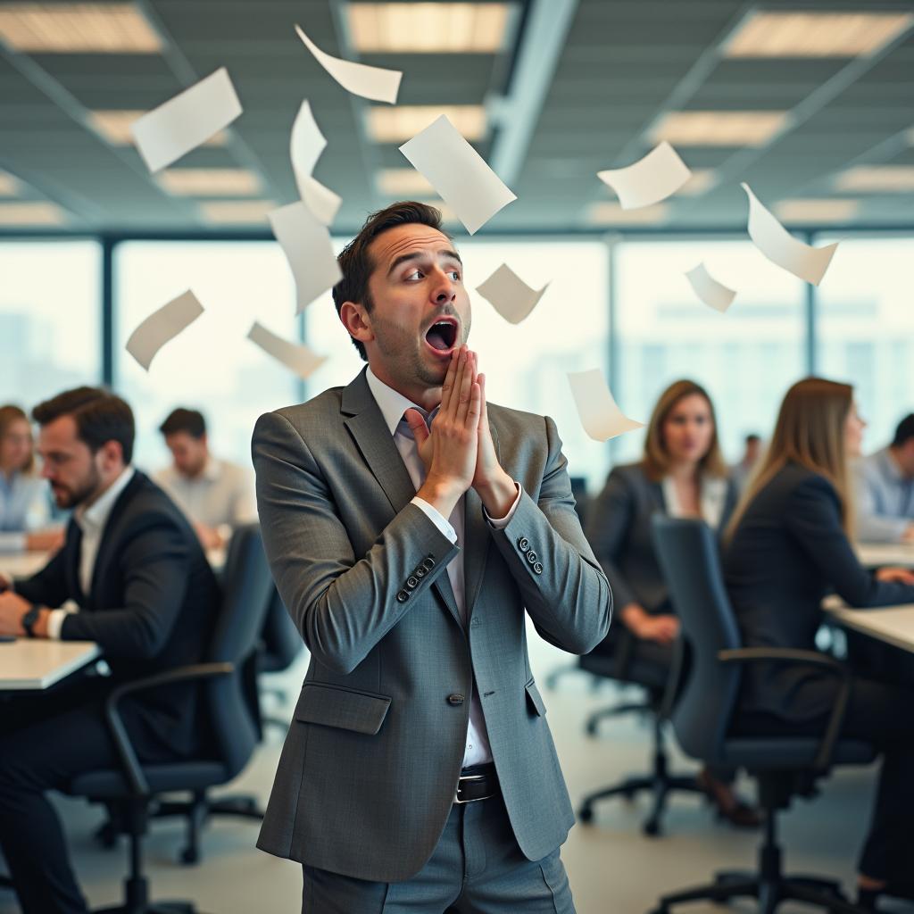 A humorous scene where a busy office worker abruptly sneezes, causing papers to fly in the air