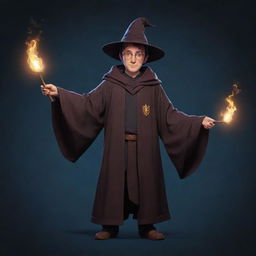 A distinctive 2D character for a video game inspired by the magical universe of Harry Potter, encompassing wizard robes, a wand, and a mysterious aura.