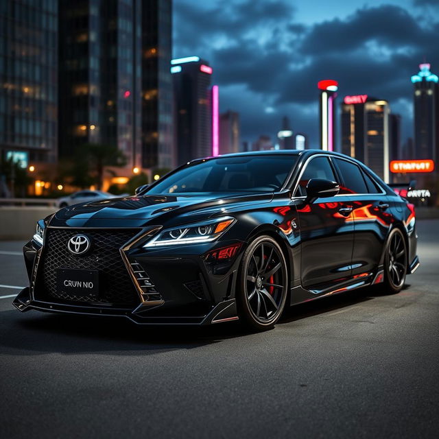 Custom-tuned Toyota Crown 180 Black Series, featuring a sporty design with advanced aerodynamics kit, sleek black bodywork, low-profile performance tires, and a sophisticated racing-inspired interior with carbon fiber accents