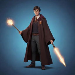 A distinctive 2D character for a video game inspired by the magical universe of Harry Potter, encompassing wizard robes, a wand, and a mysterious aura.