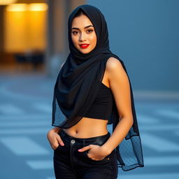 A beautiful and sexy Muslim girl with a captivating figure, standing confidently