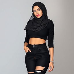 A beautiful and sexy Muslim girl with a captivating figure, standing confidently