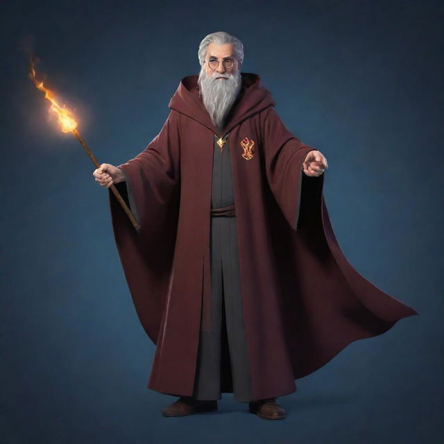 A distinctive 2D character for a video game inspired by the magical universe of Harry Potter, encompassing wizard robes, a wand, and a mysterious aura.