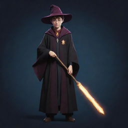 A distinctive 2D character for a video game inspired by the magical universe of Harry Potter, encompassing wizard robes, a wand, and a mysterious aura.