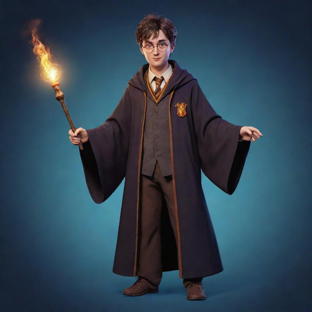 An enchanting 2D character for a video game, taking inspiration from the world of Harry Potter, equipped with a magical wand, iconic robes, and a unique magical artifact.