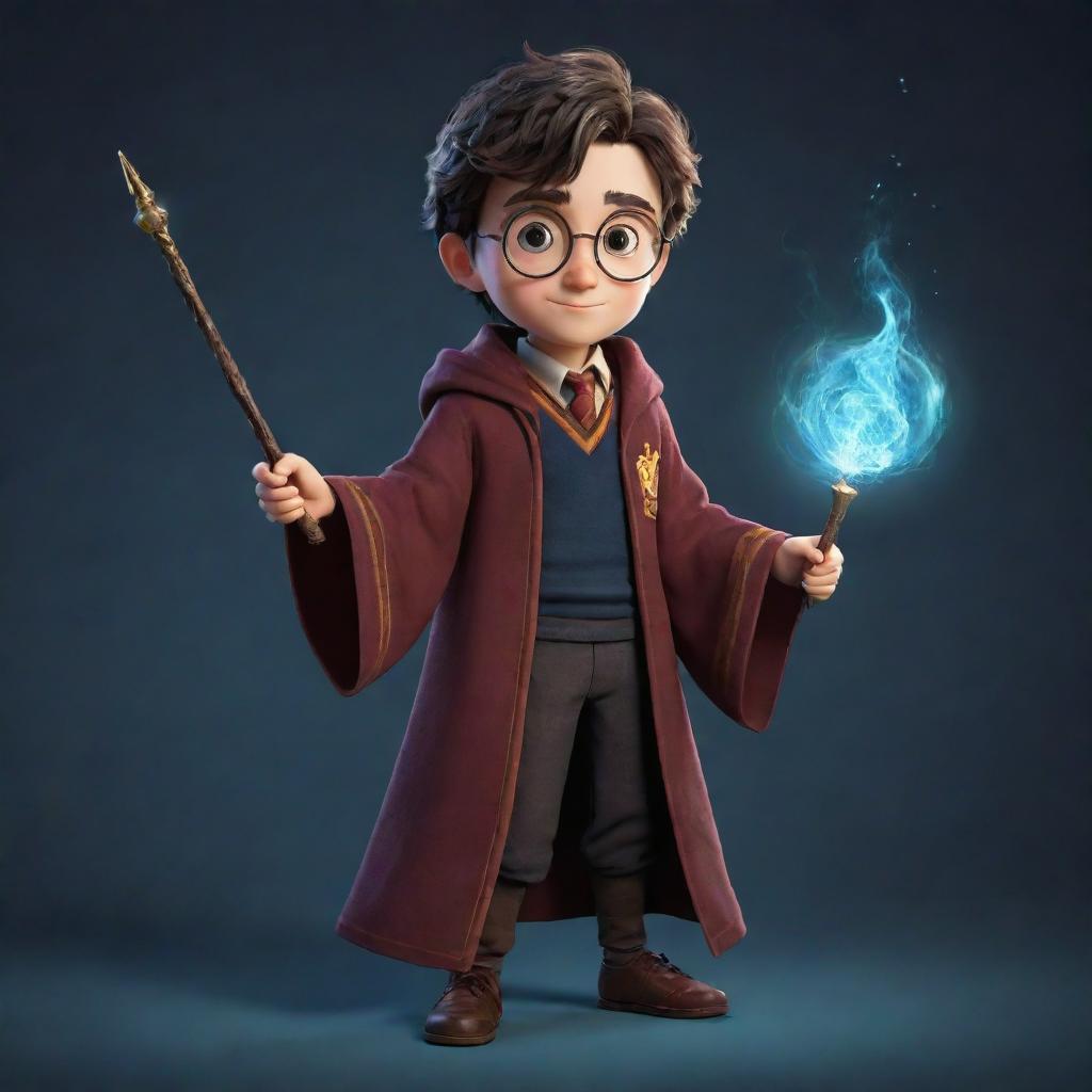 An enchanting 2D character for a video game, taking inspiration from the world of Harry Potter, equipped with a magical wand, iconic robes, and a unique magical artifact.