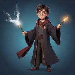 An enchanting 2D character for a video game, taking inspiration from the world of Harry Potter, equipped with a magical wand, iconic robes, and a unique magical artifact.