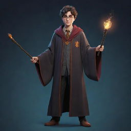 An enchanting 2D character for a video game, taking inspiration from the world of Harry Potter, equipped with a magical wand, iconic robes, and a unique magical artifact.