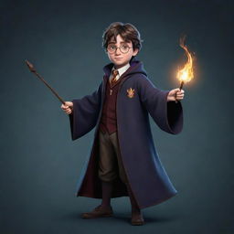 A distinctive 2D character for a video game, influenced by the enchanting world of Harry Potter, clad in traditional wizarding attire, complete with wand and magical aura.