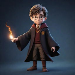 A distinctive 2D character for a video game, influenced by the enchanting world of Harry Potter, clad in traditional wizarding attire, complete with wand and magical aura.