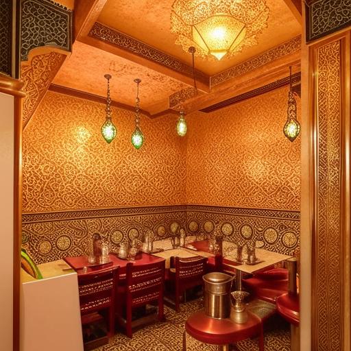 Design a 1600 sq ft budget-friendly Arabian Mandi eatery, with 30 percent of the area devoted to the kitchen. Incorporate traditional Middle Eastern architectural elements.