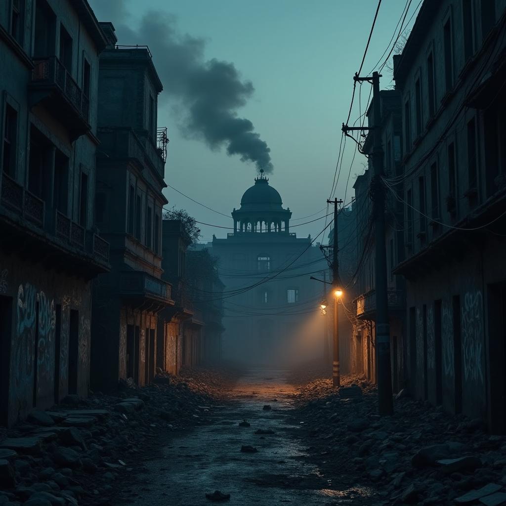 A dark and gritty cityscape of Narakpur at dusk, characterized by an ominous and atmospheric mood