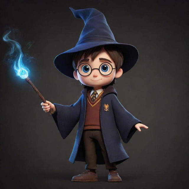 A distinctive 2D character for a video game, influenced by the enchanting world of Harry Potter, clad in traditional wizarding attire, complete with wand and magical aura.