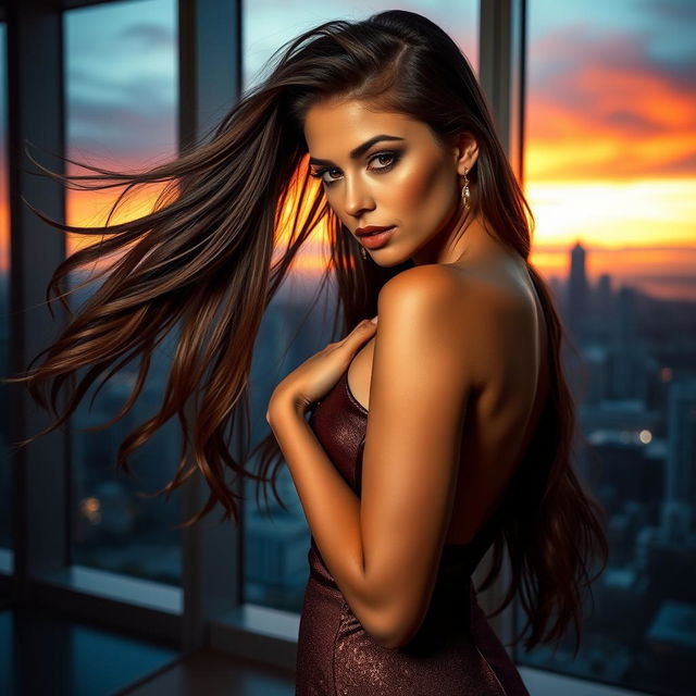 A captivating and sensuous portrayal of a beautiful woman with long flowing hair, her eyes exuding confidence and allure