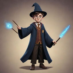 A distinctive 2D character for a video game, influenced by the enchanting world of Harry Potter, clad in traditional wizarding attire, complete with wand and magical aura.