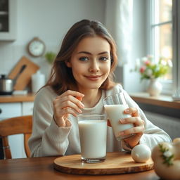 A young woman with lips gently sipping from a glass of milk