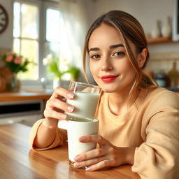 A young woman with lips gently sipping from a glass of milk