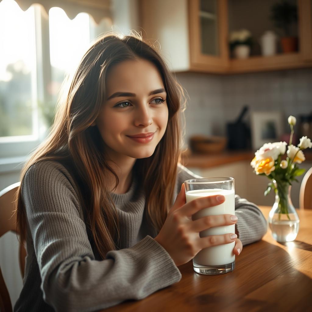 A young woman with lips gently sipping from a glass of milk