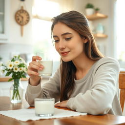 A young woman with lips gently sipping from a glass of milk