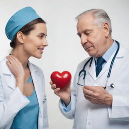 Visualize the juxtaposition of intrinsic and extrinsic elements along with the psychosocial care in a healthcare setting. Think medical professionals, empathy, stethoscopes, brain and heart imagery, communicating harmony and care.