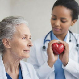 Visualize the juxtaposition of intrinsic and extrinsic elements along with the psychosocial care in a healthcare setting. Think medical professionals, empathy, stethoscopes, brain and heart imagery, communicating harmony and care.