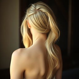 A portrait of a beautiful blonde woman with her back turned