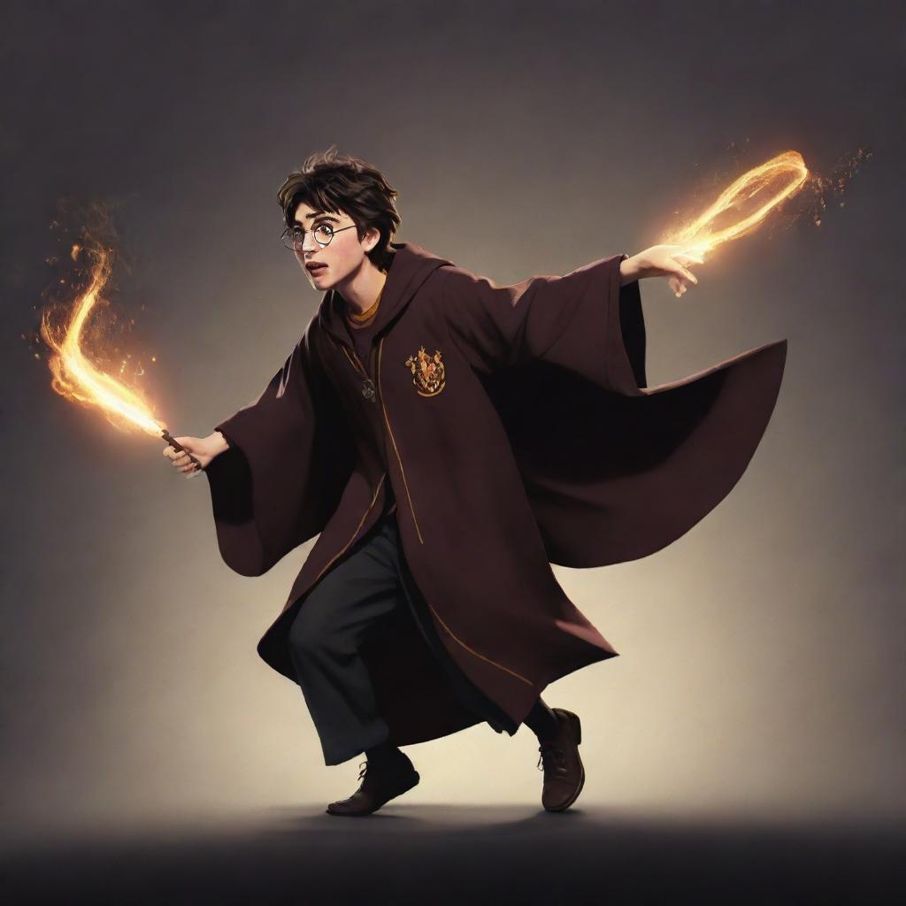 2D animation of a character running for a Harry Potter-inspired video game. The character wears wizarding robes, brandishes a wand and displays agility and magical sparks trailing behind as they run.