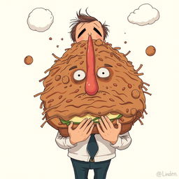 A surreal and abstract concept depicting a person with a sandwich that humorously resembles a pile of brown, comically exaggerated to the point of being utterly unrealistic