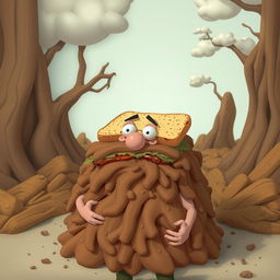 A surreal and abstract concept depicting a person with a sandwich that humorously resembles a pile of brown, comically exaggerated to the point of being utterly unrealistic