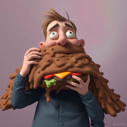 A surreal and abstract concept depicting a person with a sandwich that humorously resembles a pile of brown, comically exaggerated to the point of being utterly unrealistic