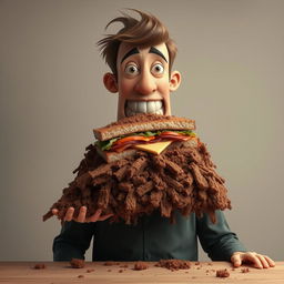 A surreal and abstract concept depicting a person with a sandwich that humorously resembles a pile of brown, comically exaggerated to the point of being utterly unrealistic