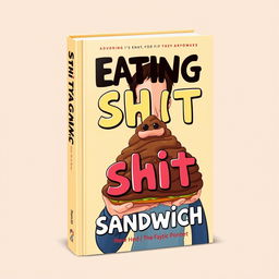 Design a book cover with a surreal and abstract concept showcasing a person holding a sandwich humorously styled to resemble a pile of brown, exaggerated to the point of being utterly unrealistic