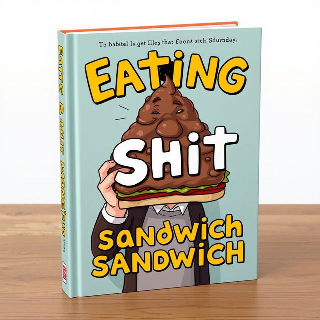 Design a book cover with a surreal and abstract concept showcasing a person holding a sandwich humorously styled to resemble a pile of brown, exaggerated to the point of being utterly unrealistic