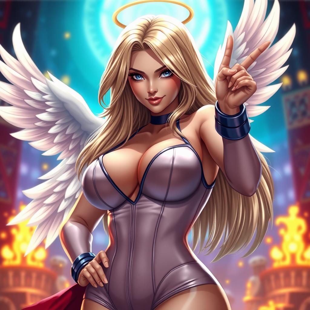 A stunning, sexy woman resembling Angel from King of Fighters, with an alluring, angelic face, styled with long, flowing hair that cascades down her shoulders