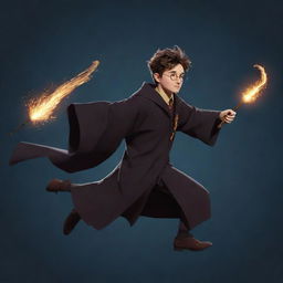 2D animation of a character running for a Harry Potter-inspired video game. The character wears wizarding robes, brandishes a wand and displays agility and magical sparks trailing behind as they run.