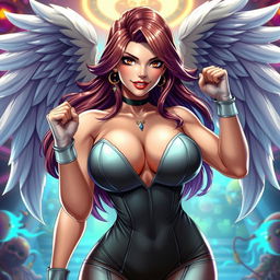 A stunning, sexy woman resembling Angel from King of Fighters, with an alluring, angelic face, styled with long, flowing hair that cascades down her shoulders