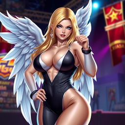 A stunning, sexy woman resembling Angel from King of Fighters, with an alluring, angelic face, styled with long, flowing hair that cascades down her shoulders