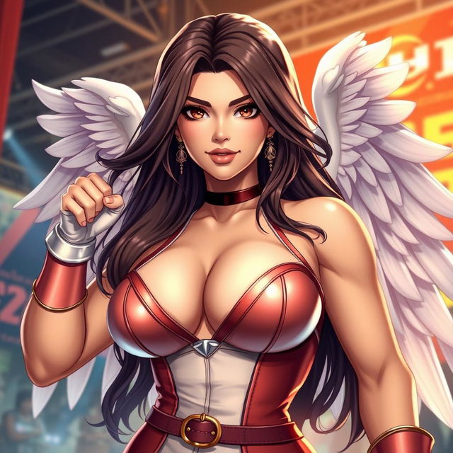 A stunning, sexy woman resembling Angel from King of Fighters, with an alluring, angelic face, styled with long, flowing hair that cascades down her shoulders