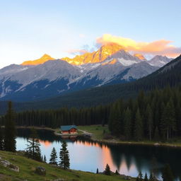 A breathtaking mountainous landscape with a sunrise casting golden hues over the peaks, a serene lake reflecting the sky, and a small cabin nestled near the lake's edge surrounded by lush pine trees