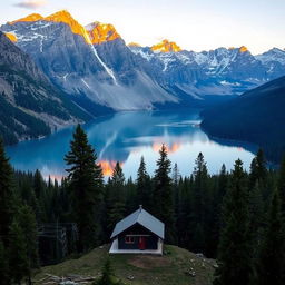 A breathtaking mountainous landscape with a sunrise casting golden hues over the peaks, a serene lake reflecting the sky, and a small cabin nestled near the lake's edge surrounded by lush pine trees