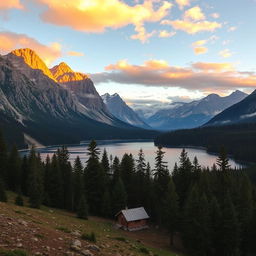 A breathtaking mountainous landscape with a sunrise casting golden hues over the peaks, a serene lake reflecting the sky, and a small cabin nestled near the lake's edge surrounded by lush pine trees