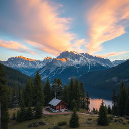 A breathtaking mountainous landscape with a sunrise casting golden hues over the peaks, a serene lake reflecting the sky, and a small cabin nestled near the lake's edge surrounded by lush pine trees