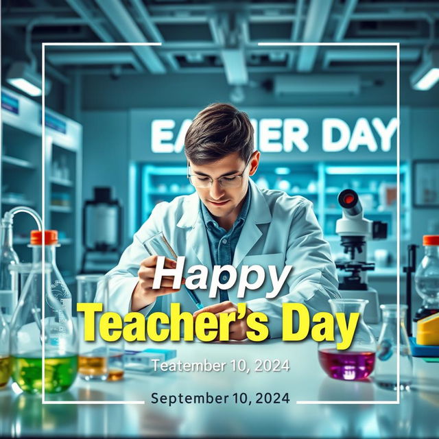 An electronic photo album cover for Teacher's Day, set on September 10, 2024, featuring a male student conducting experiments in a modern laboratory