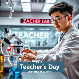 An electronic photo album cover for Teacher's Day, set on September 10, 2024, featuring a male student conducting experiments in a modern laboratory