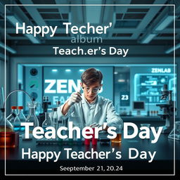 An electronic photo album cover for Teacher's Day, set on September 10, 2024, featuring a male student conducting experiments in a modern laboratory